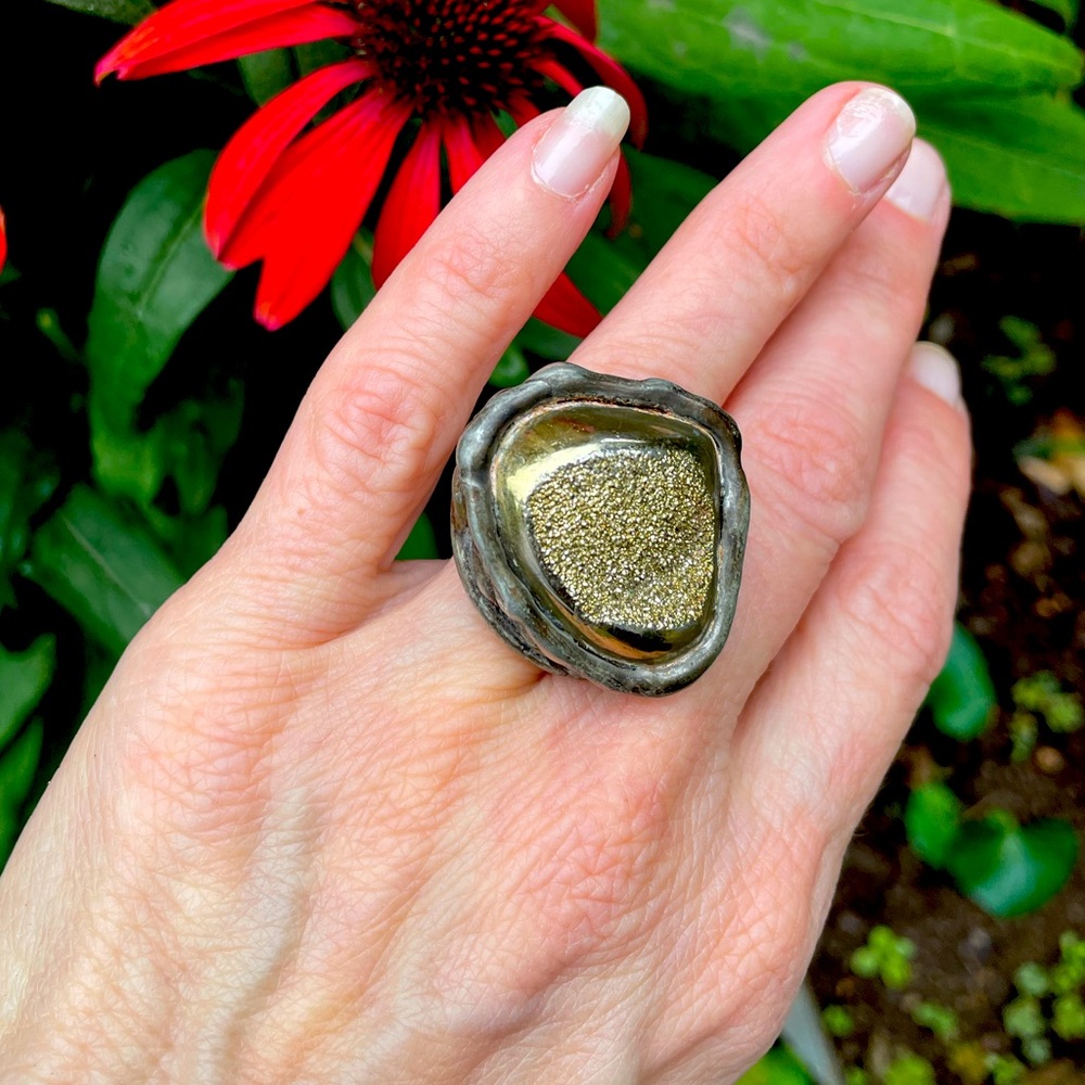 Druzy ring, Gold and Silver Artisan Handmade Size 6 3/4 Signed by Artist